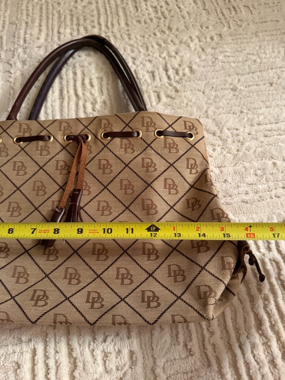 Dooney & Bourke DB Monogram Canvas Satchel Brown Leather Trim Shoulder Bag - Picture 8 of 11